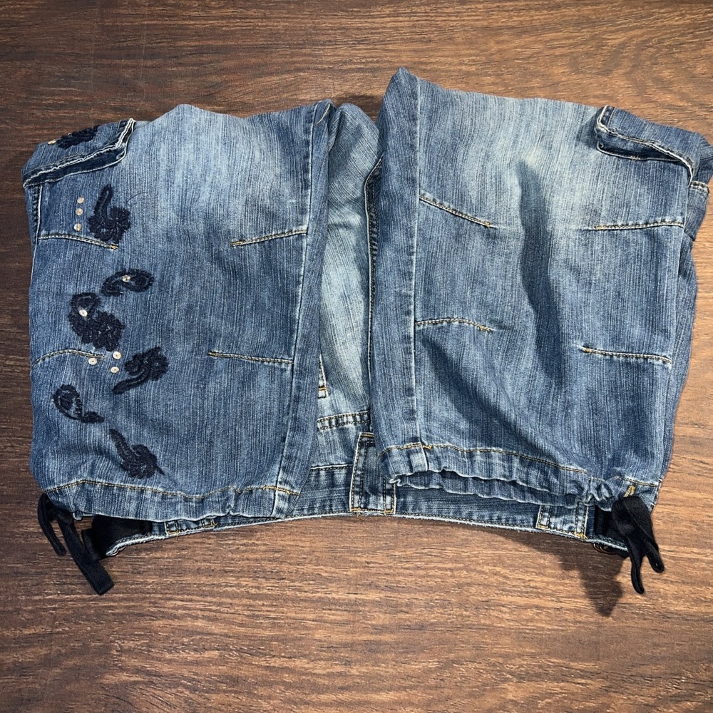 Vintage Y2K Faded Glory Womens Baggy Cargo Capri Blue Jean Embroidered Size 16W - Picture 6 of 10